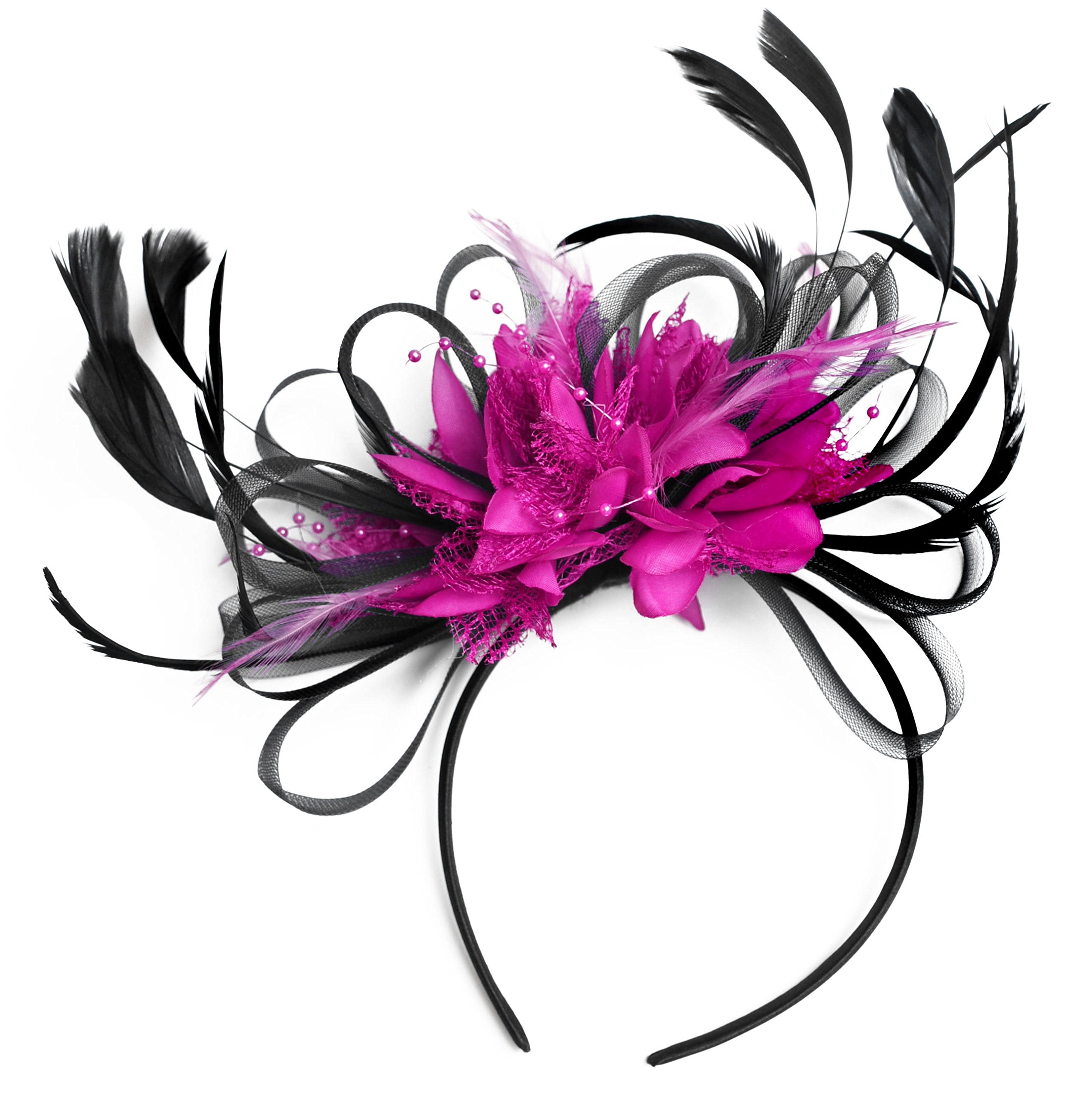 Black and Fuchsia Hot Pink Fascinator Headband Wedding and Royal Ascot Races Ladies, Unisize, Hot Pink Fuchsia