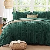 AMBERSPACE Queen Comforter Set Emerald Green, Tufted Boho Bedding Farmhouse Dark Green Bed Set, All Season 7 Pieces Bed in a Bag with Sheets, Pillowcases & Shams