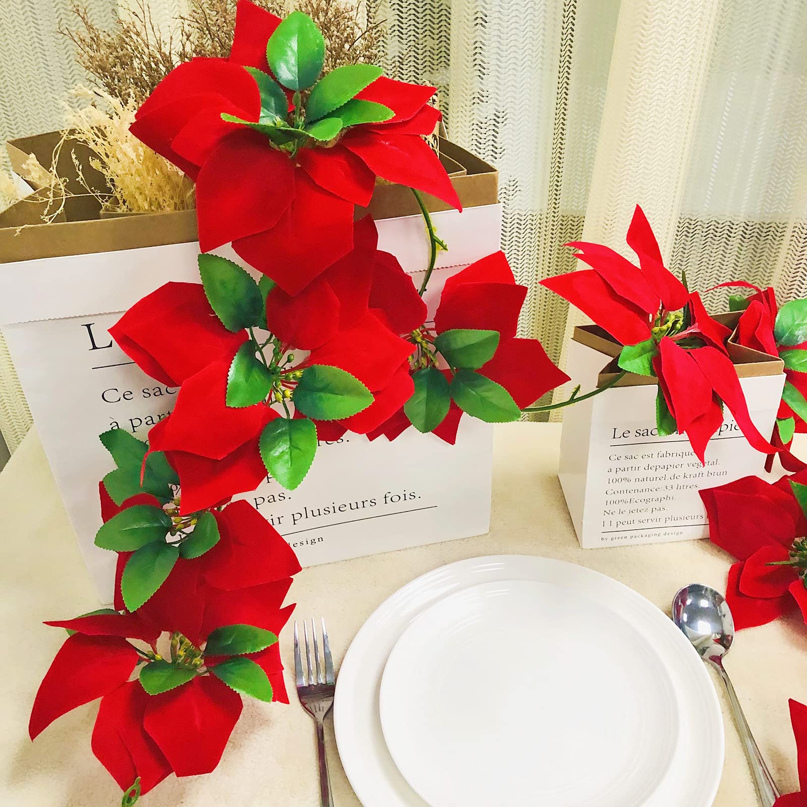 4 Pack Christmas Garland Artificial Red Poinsettia Garland with Green Leaves 2m Fairy Wreath Plant Flowers Vine for Christmas Holiday Door Decoration