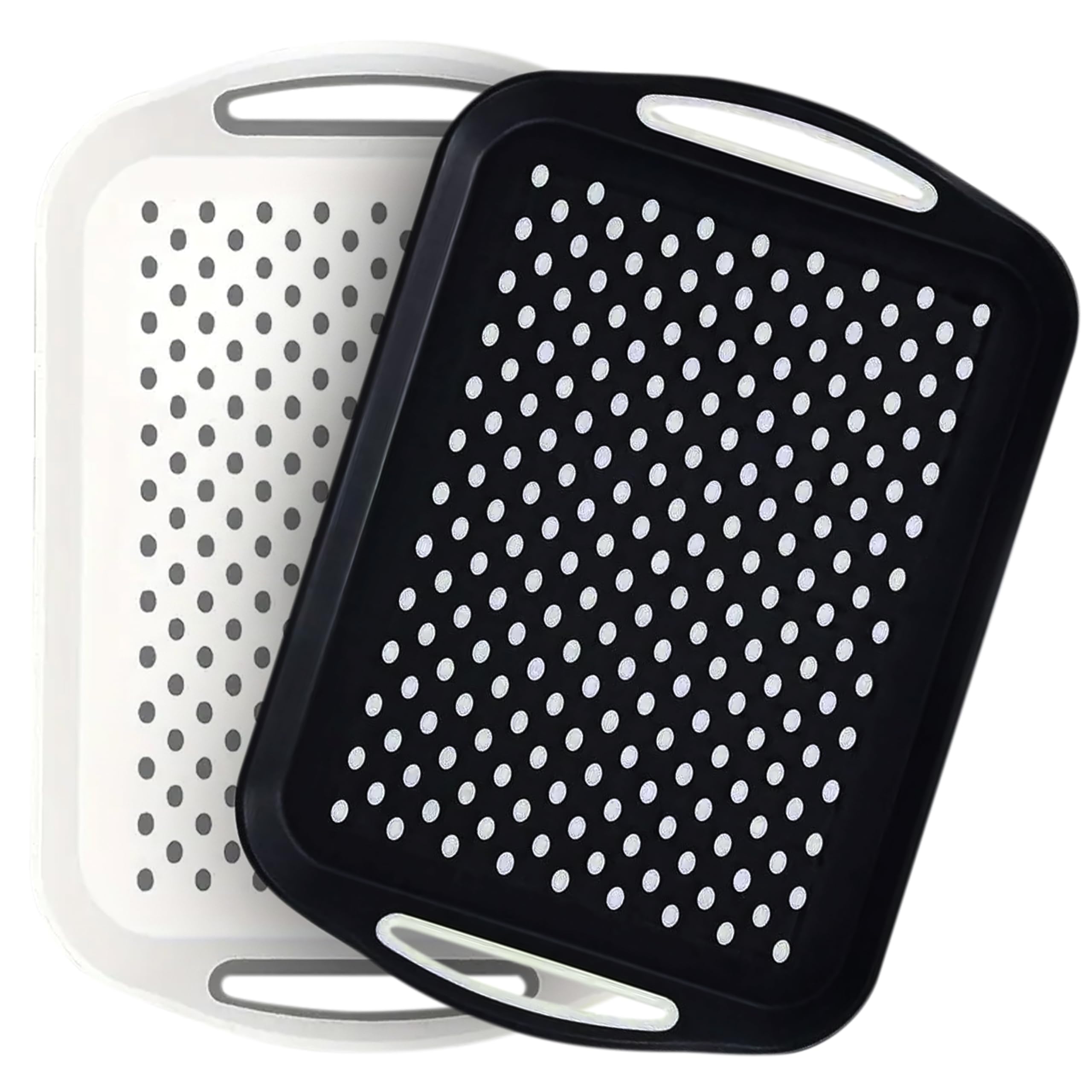 ZYBUX - Set of 2 Anti Slip Food Tray Rectangular Top and Bottom Non Slip Plastic Reusable for Eating Dinner w/High Grip Rubber Surface, Easy Grip Serving Trays with Handles (Black&White)
