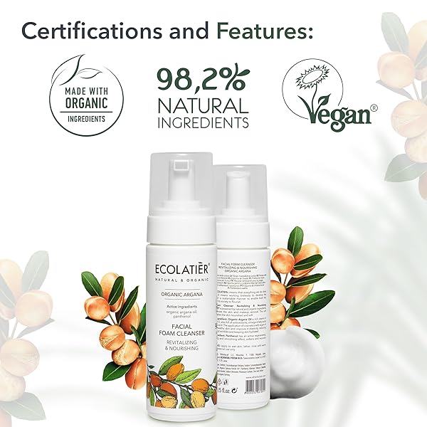 FOAMING FACIAL CLEANSER WITH ORGANIC ARGAN OIL – 98.6% NATURAL, VEGAN, REVITALIZING & NOURISHING ORGANIC ARGANA, ANTI-AGING, REMOVES IMPURITIES, 5.1 FL OZ – ECOLATIER