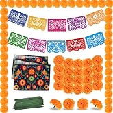 61 pcs Day of the Dead Decor Decorations ofrenda dia de los muertos decorations Mexican Party Banner Plastic Papel Picado marigold garland Marigold Flowers for Table Runner Diwali Indian Backdrop