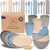 FOODLE Wheat Straw Dinnerware Set - RV, Camping Plates Cups and Bowls Set | BPA-Free &amp; Safety Tested - Microwave &amp; Dishwasher Safe - Lightweight &amp; Unbreakable Dishes - Great for Kids &amp; Adults - For 4