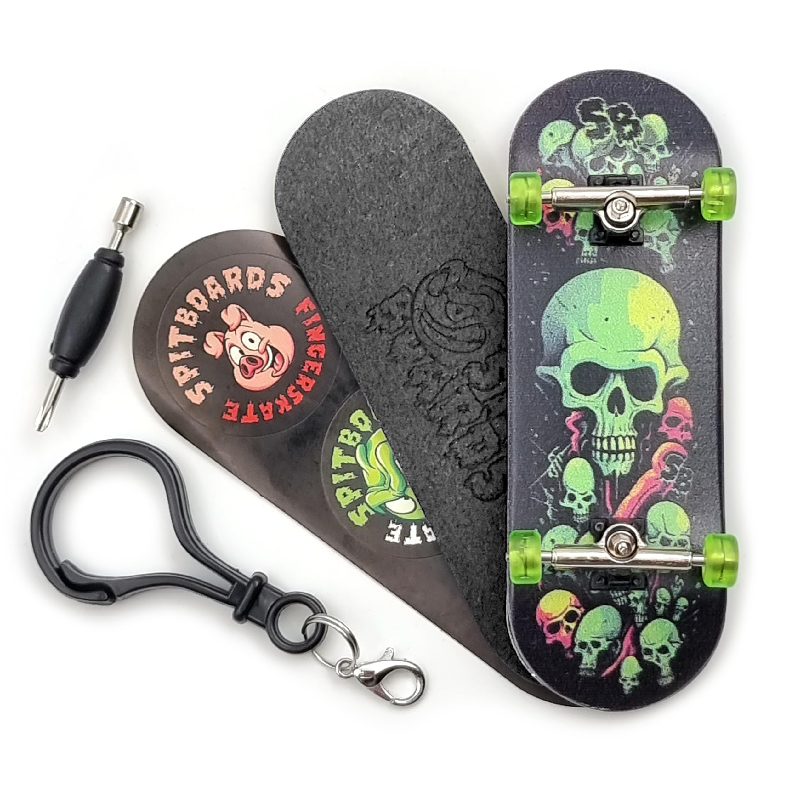 SPITBOARDS 32 x 96 mm Fingerboard Complete Wood Set-Up Assembled, Silver Trucks with Bushings and Nuts, CNC Bearing Wheels in Transparent Green, Lasered Grip Tape Lime Green Skull and Bones