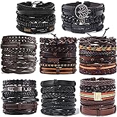 SONNYX 44 Pcs Braided Leather Bracelets for Men Women Woven Cuff Wrap Bracelets Hemp Cords Wood Beads Ethnic Tribal Bracelets Adjustable Leather Wristbands