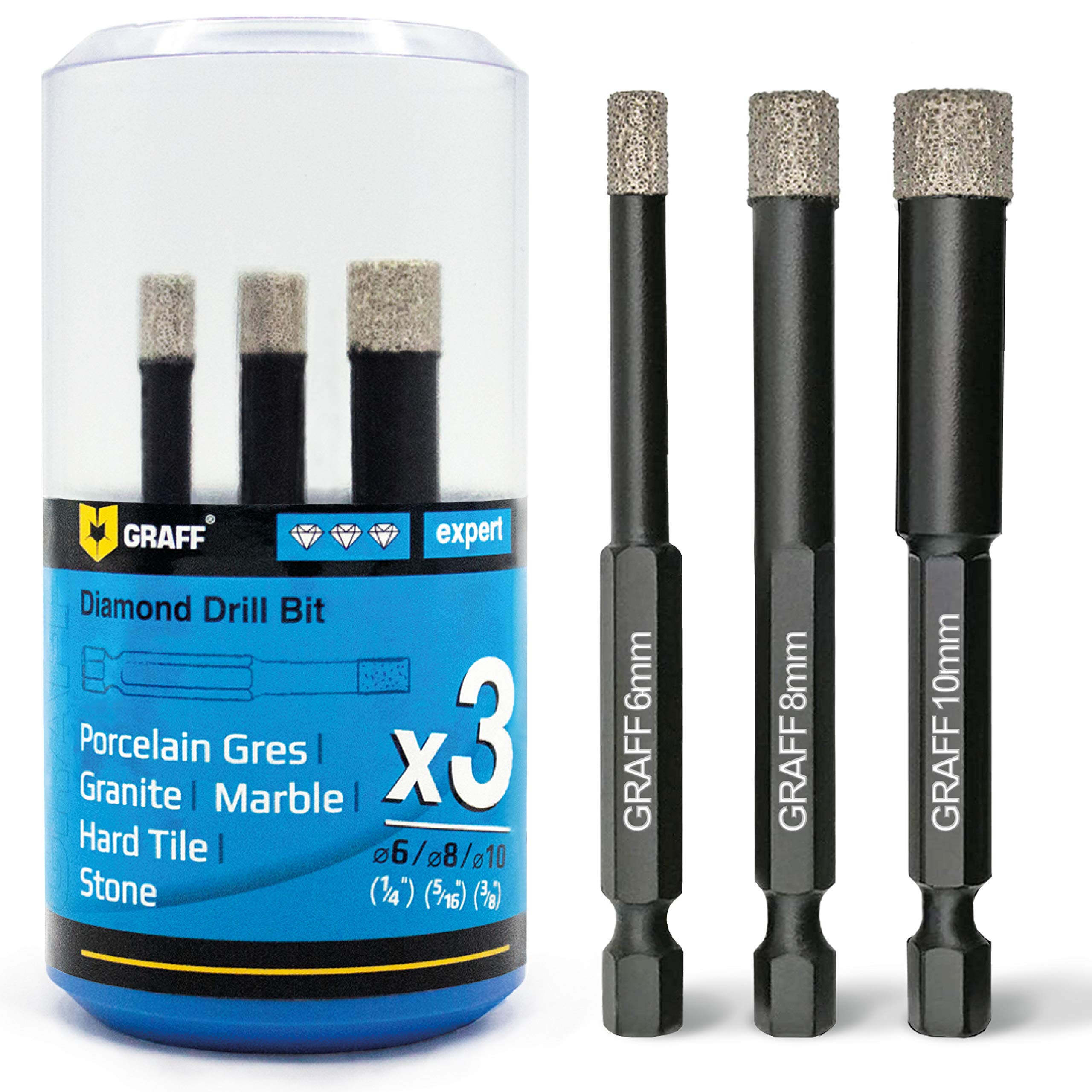 GRAFF Diamond Drill Tile Drill Bit Set 6 I 8 I 10 mm for Tiles Glass Ceramic Granite Stone Porcelain Stoneware Drill Bit with Hex E 6.3