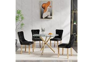 HomVent Round Glass Dining Table Set for 4,Modern Gold Dining Table Set for 4,Round Glass Kitchen Table Set with Chairs for Kitchen (Gold Table with Black Chairs, 1 Table+4 Cahirs)