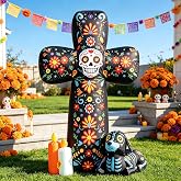 DomKom 6 FT Halloween Inflatable Outdoor Decorations, Day of the Dead Cross Blow Up with Skeleton Dog & Candles, Built-in LED Lights, Día de Los Muertos Yard Decoration for Lawn, Garden, Porch