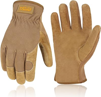 HANDLANDY Work Gloves Leather Palm Dexterity Breathable Back M Brown