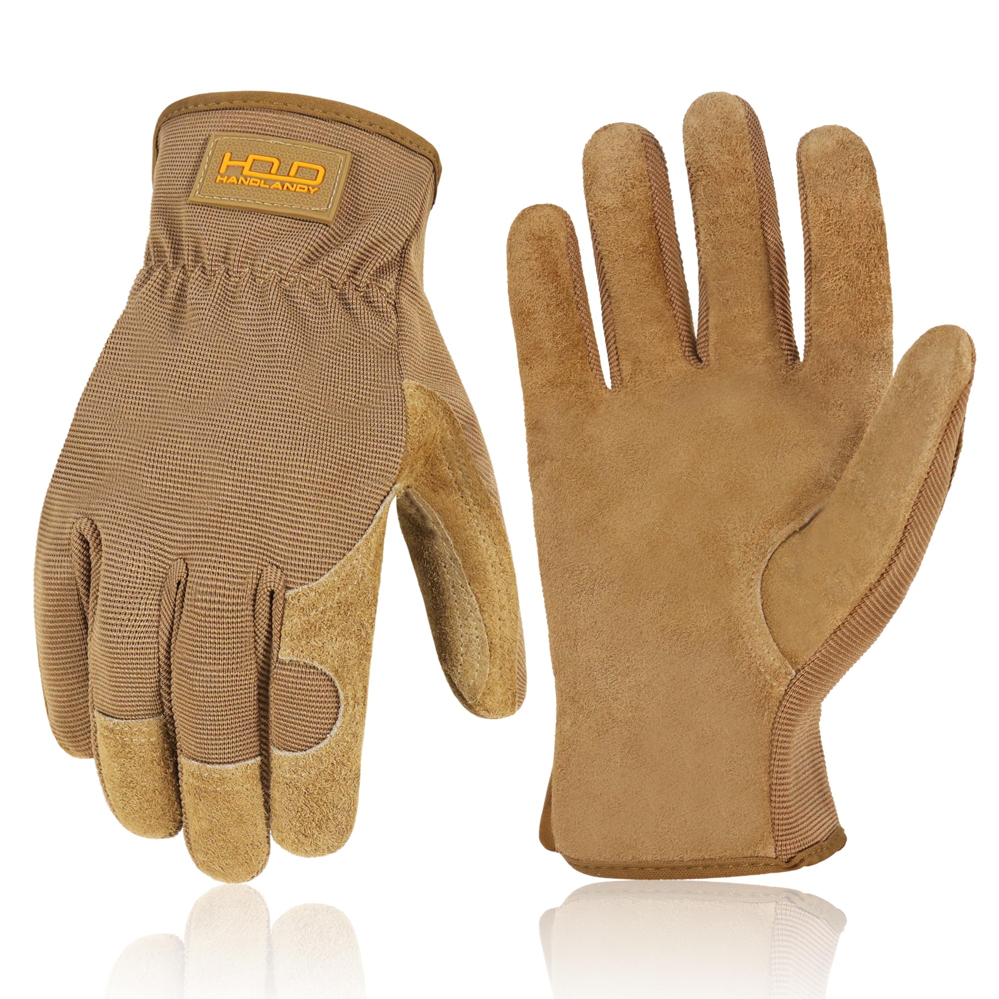 HANDLANDY Work Gloves for Men Women, Utility Leather Gardening Gloves - Safety Working Gloves Cowhide Dexterity & Breathable Design (M, Brown-Men Size)