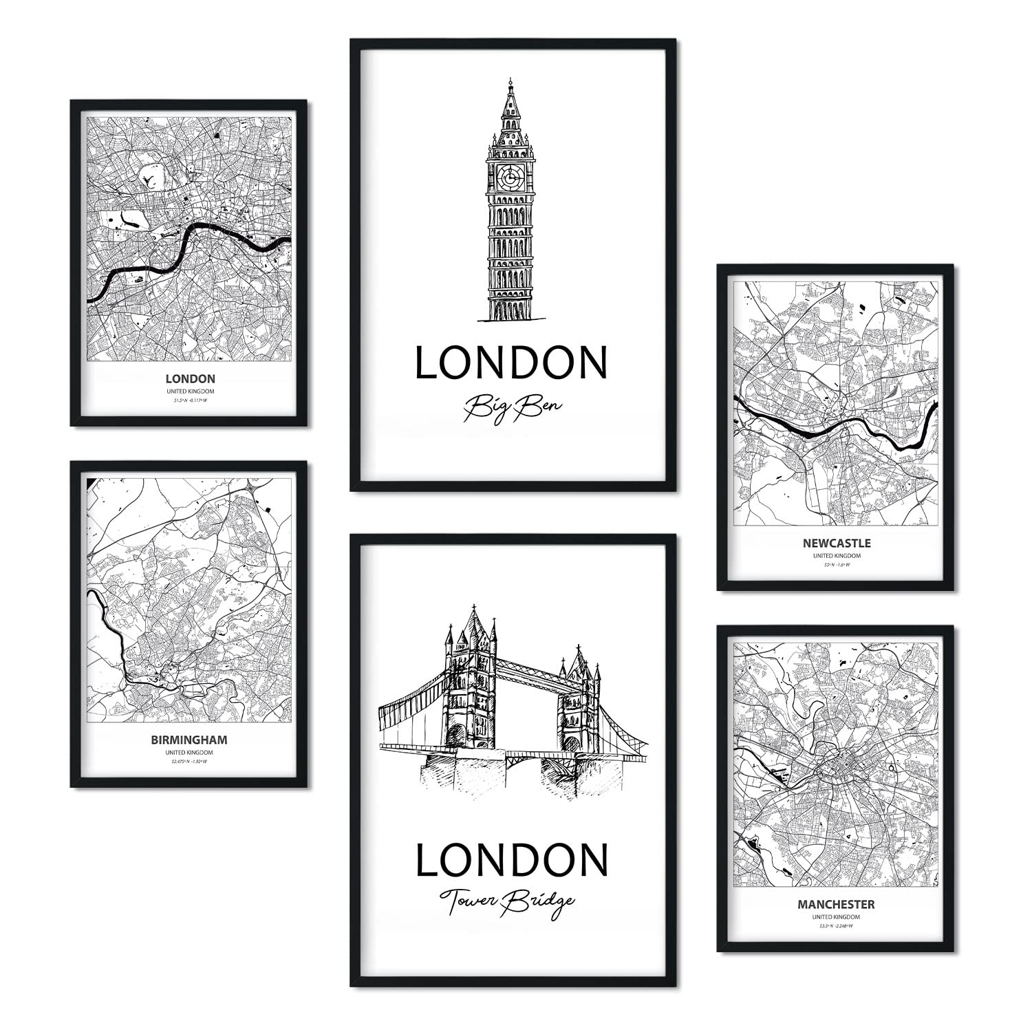 Nacnic Set of 6 prints of UK. Aesthetic posters of maps and monuments in Black and White for your home, business, office. Nordic style interior decoration. A4 and A3 sizes. Without frame.