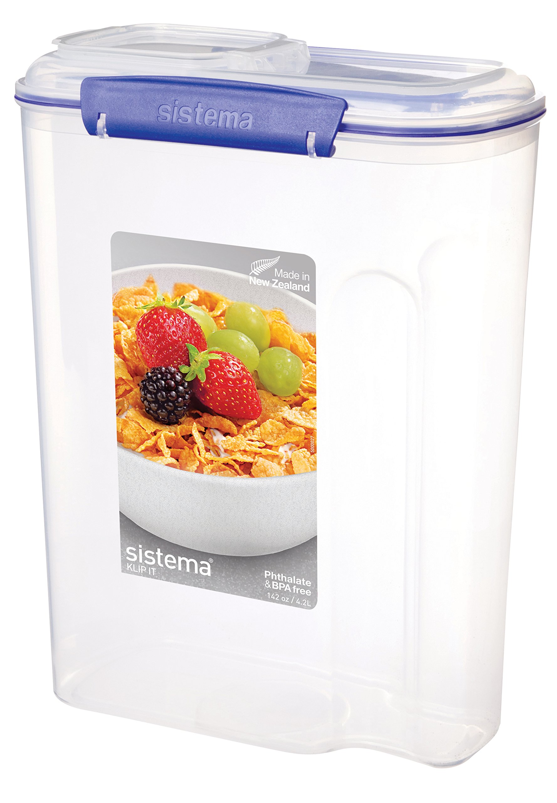 Sistema KLIP IT Cereal Container, Large 4.2L, Clear with Blue Clips, Airtight Storage with Lid, Plastic, BPA Free, Dishwasher, Microwave and Freezer Safe