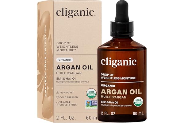 Cliganic Organic Argan Oil 60ml with Pump, 100% Pure - for Hair, Face & Skin