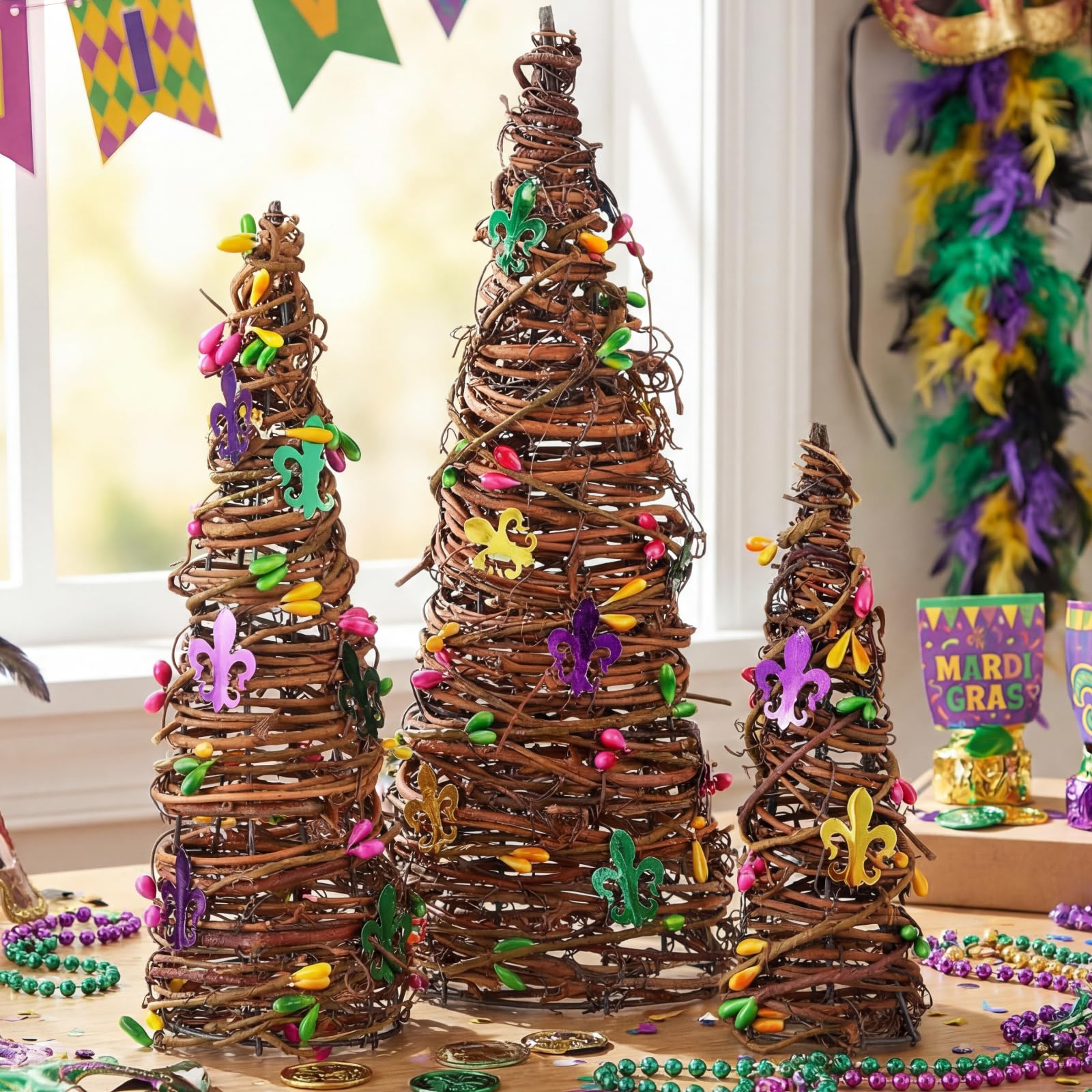 Photo 1 of DoubleFill 3 Pcs Mardi Gras Rattan Cone Trees- Mardi Gras Decorative Table Rattan Tree, Carnival Table Centerpiece with Purple Green Gold Berries Irises for Home Indoor Tabletop Party Decorations