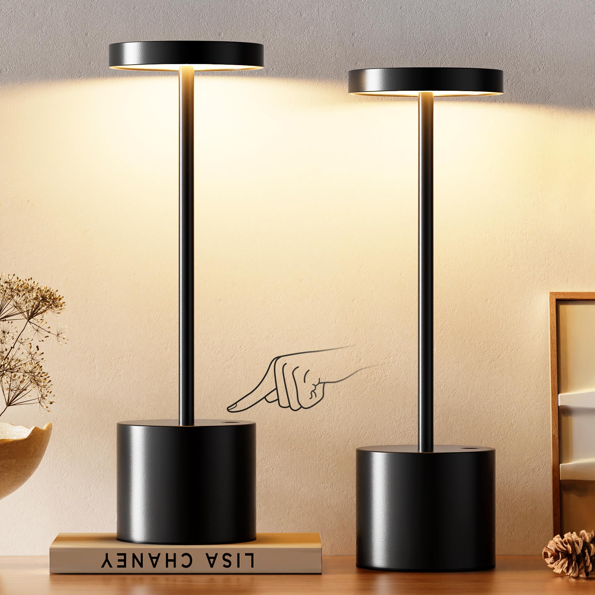 Photo 1 of Cordless Table Lamp, 4000mAh Rechargeable Battery Powered Lamps, 3 Color Stepless Dimming, LED Wireless Outdoor Lamps for Dining Room, Bedroom, Bar, Cafe, Restaurant, Patio, Camping, Set of 2- Black