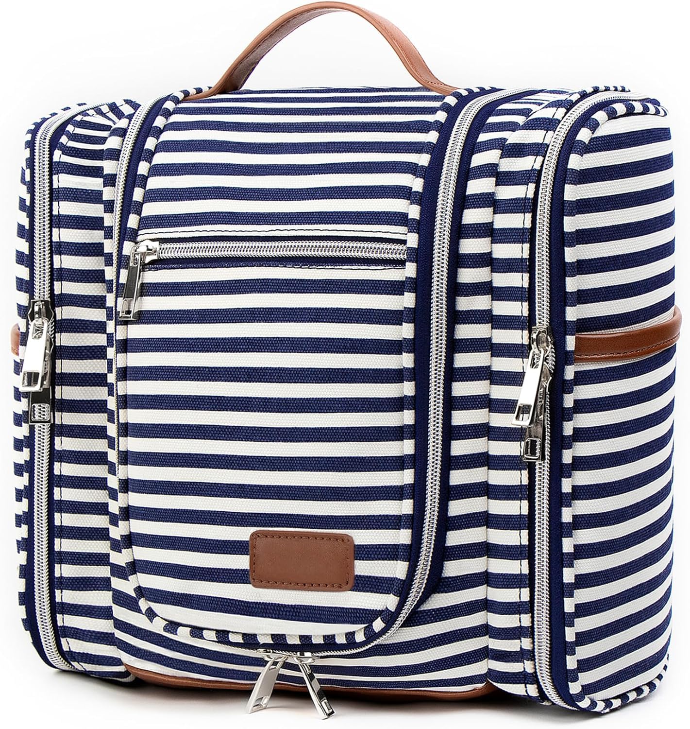 Pearl Angeli Hanging Travel Toiletry Bag for Women Men Water Resistant Travel Makeup Organizer Bag Large Capacity Travel Cosmetic Bag for Full Sized Container Toiletries, Navy-Striped, L, Casual