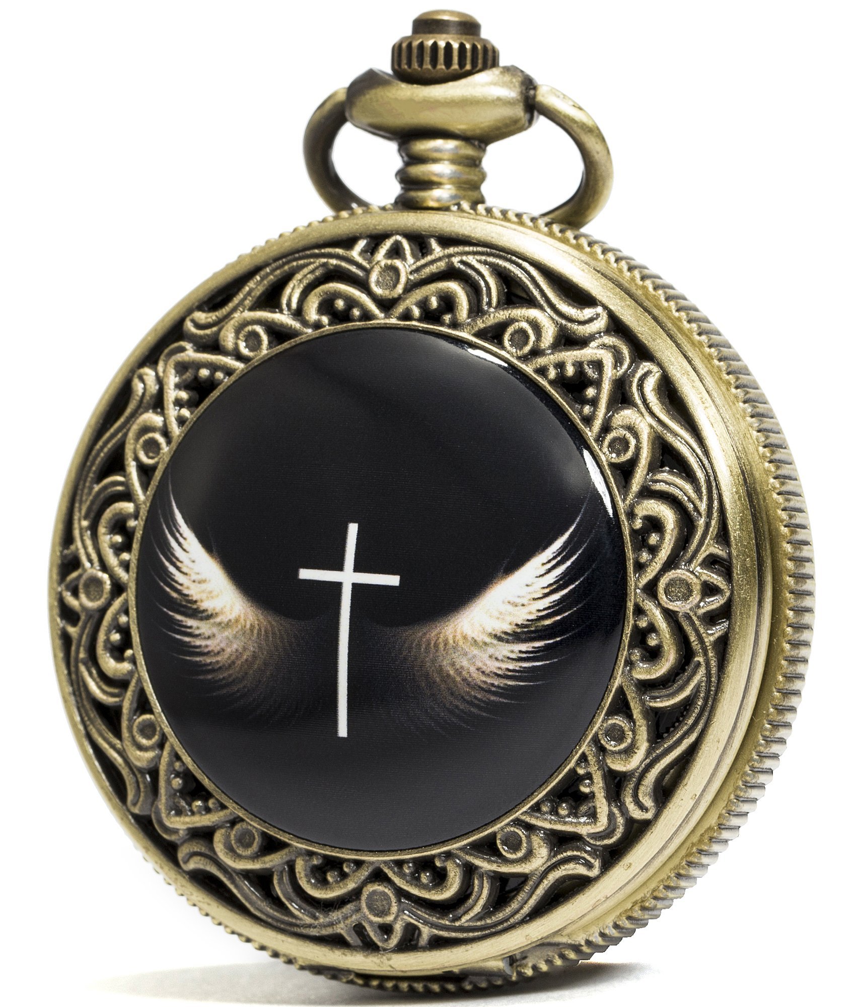 SEWOR Fashion Bronze Quartz Enamel Painting Pocket Watch Black Dial + Leather Gift Box (Cross Wings)
