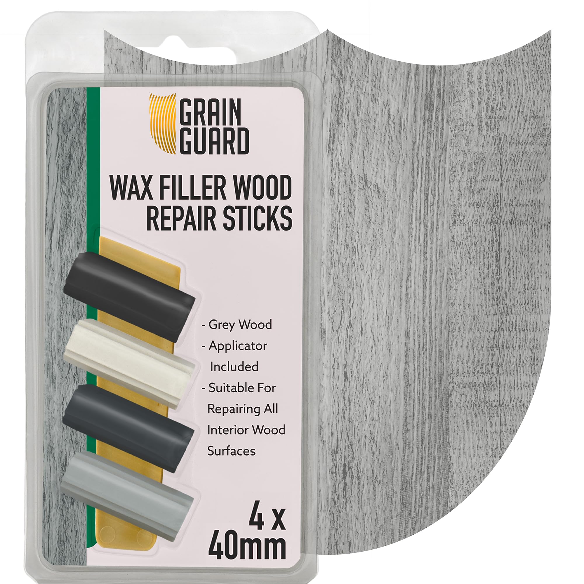 GRAIN GUARD Wax Filler Wood Repair Sticks | Grey Wood | Furniture Repair Kit | Multi-Surface: Wood, Plastic, Hard Surfaces | Blend to Colour Match | 4x40mm