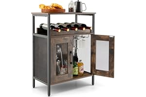 PETSITE Industrial Wine Bar Cabinet, Home Liquor Coffee Buffet Cabinet with Removable Wine Rack and Glass Holder, Sideboard Buffet with Mesh Doors for Kitchen