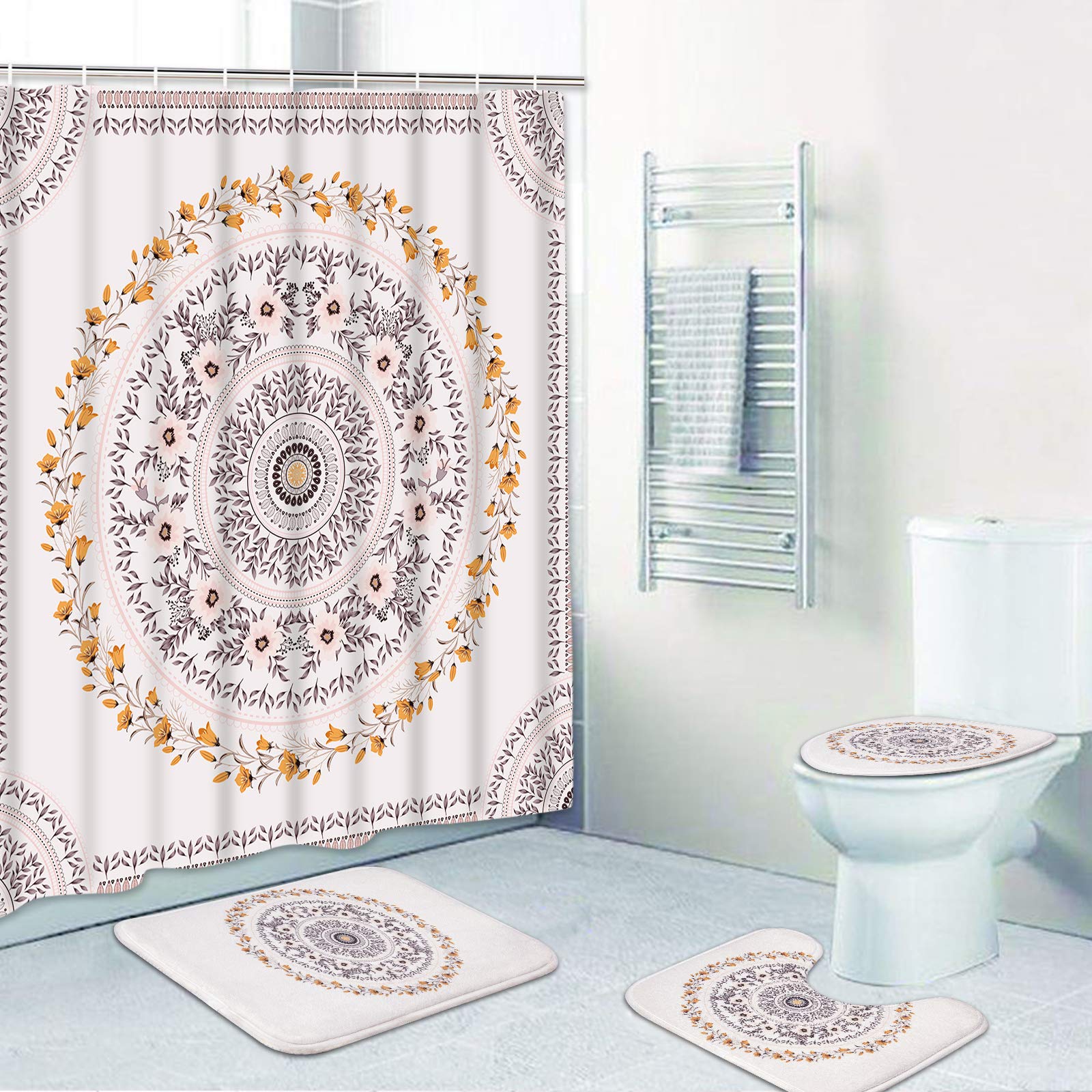 TAMOC 4 Pcs Mandala Shower Curtain Set with Non-Slip Rug, Toilet Lid Cover and Bath Mat, Floral Medallion Shower Curtain with 12 Hooks, Waterproof Boho Bathroom Curtain, Pink