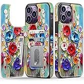 FUNMIKO for iPhone 14 Pro Wallet Case with Card Holder, RFID-Blocking, Military-Grade Drop Protection & Floral Animal Design, Magnetic Closure with Leather Kickstand - Abstract Flowers