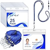 Lanyards for ID Badges 25 Pack Badge Holder and Breakaway Lanyard with ID Holder Horizontal Business Card Holder Clear Name Tag Holders Plastic Waterproof Zip Card Protector (Blue Lanyards)