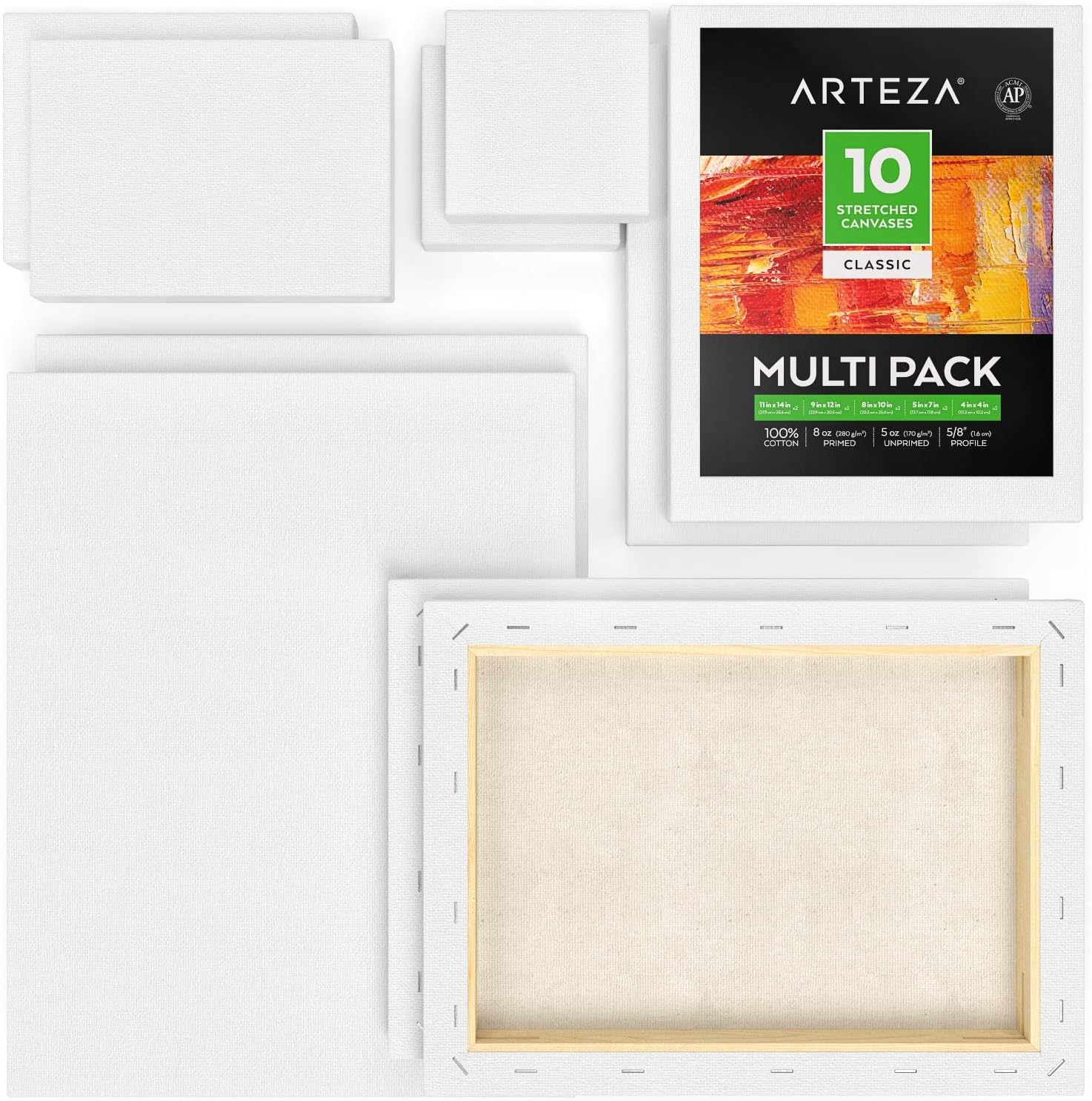 Arteza Stretched Canvas for Painting Multipack of 10, 10.2 x 10.2, 12.7 x 17.8, 20.3 x 25.4, 22.9 x 30.5, 27.9 x 35.6 cm - Image 5