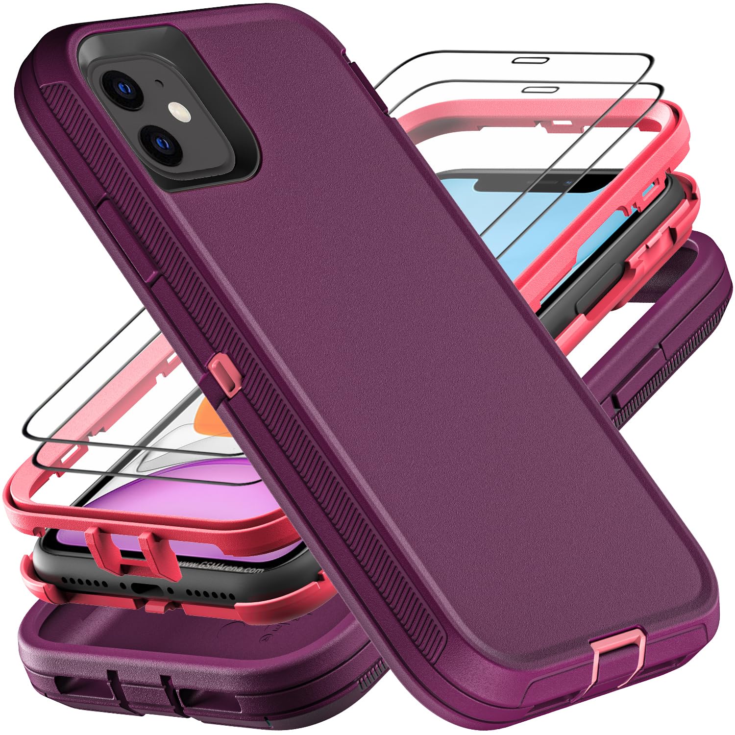 for iPhone 11 Case, Military Grade 3 in 1 Heavy Duty Shockproof/Drop Proof/Dust Proof Case with 2Pcs Tempered Glass Screen Protector (Purple/Pink)