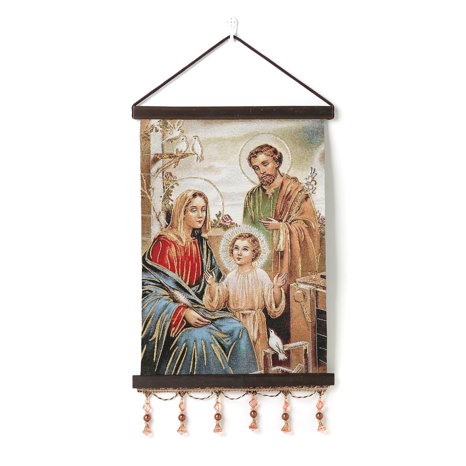 HZMAN Holy Family Jesus Mary Joseph Painting Retro Handmade Weave Wall Art Decor Aesthetic Picture for Living Room Bedroom Wood Framed 17x12 inch