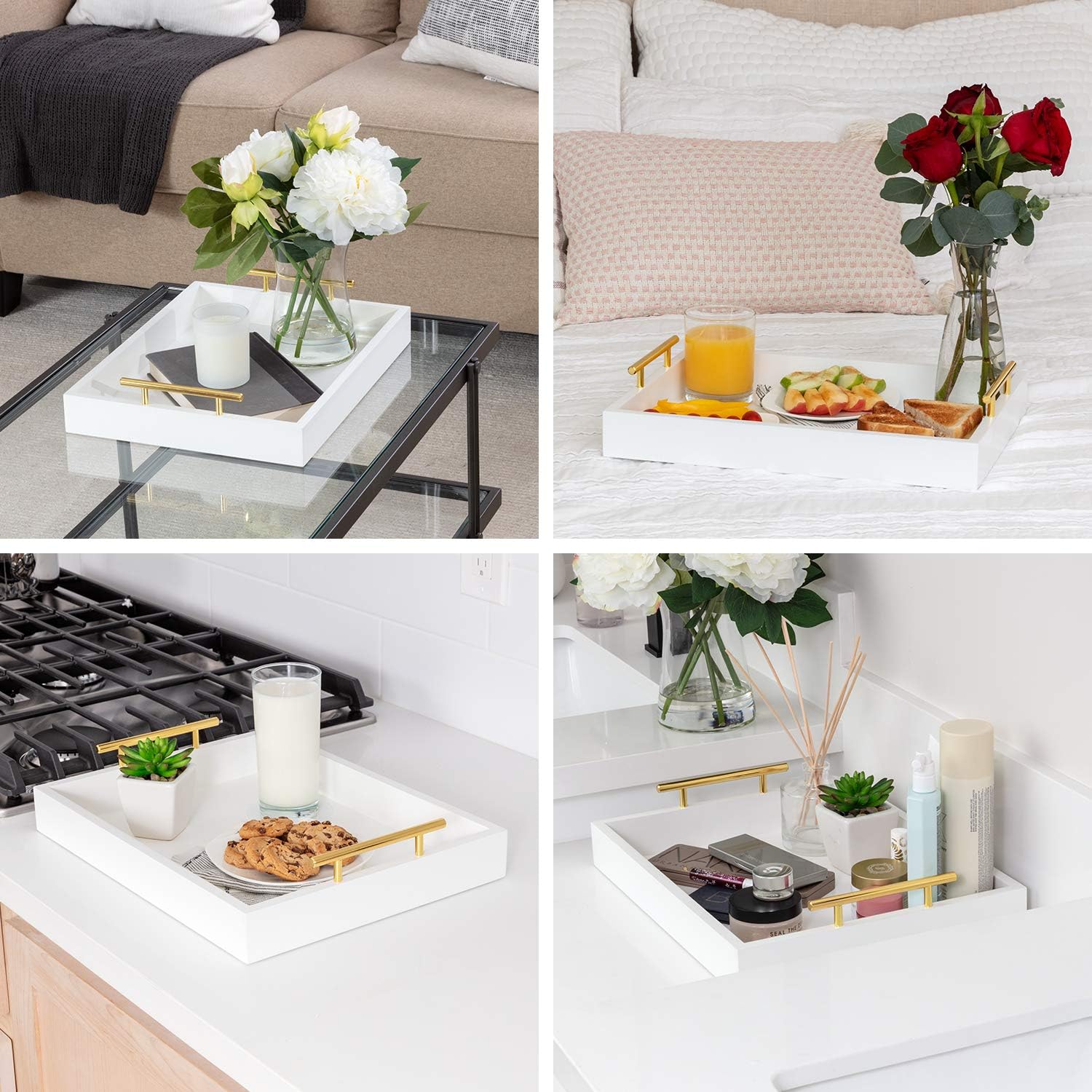White Serving Tray with Handles in Gold - 2 White Wood Coasters - 15.75''x12.2'' - Wooden Decorative Coffee Table Tray - Matte Finish - Ottoman Tray Decor - Decorative Trays for Coffee Table: Kitchen & Dining