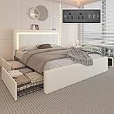 Full Size Bed Frame with 4 Storage Drawers, LED Light, White Upholstered | Platform Bed, Charging Station, Adjustable Headboard, PU Leather, Metal Slats Support, No Box Spring Needed, Easy Assembly