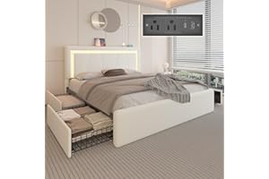 E-MOTIE Full Size Bed Frame with 4 Storage Drawers and LED Lights, Upholstered Platform Bed with Adjustable Headboard and Charging Station, Metal Slats Support, No Box Spring Needed,Easy Assembly, White