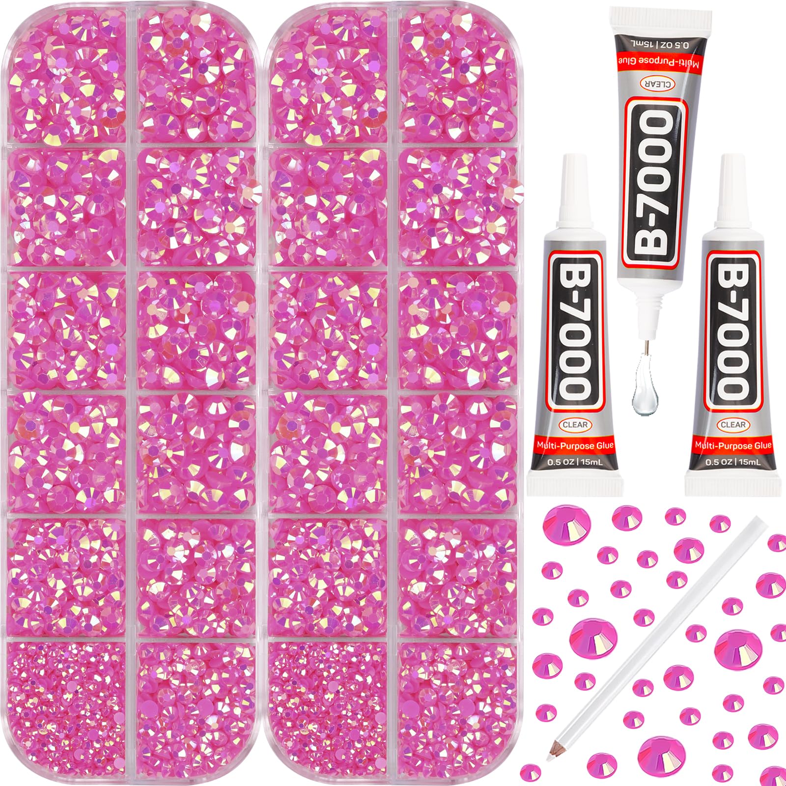 Photo 1 of 11000Pcs Jelly Hot Pink AB 2/3/4/5mm Flatback Rhinestones with Glue for Bedazzling Crafting Clothing Clothes Crafts Shoes Nail Art, Resin Flat Back Gems Crystals Diamonds Gemstones Jewels Stones Kit