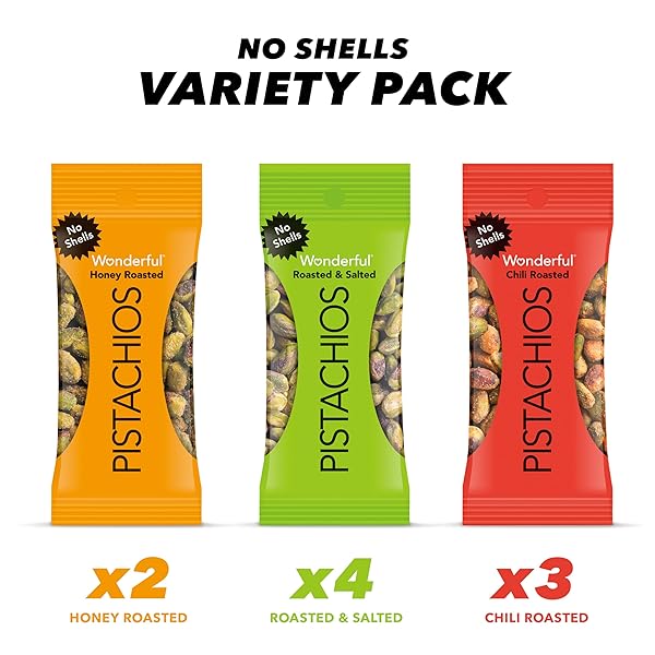 WONDERFUL PISTACHIOS NO SHELLS, 3 FLAVORS MIXED VARIETY PACK OF 9 (0.75 OUNCE), ROASTED & SALTED NUTS (4), CHILI ROASTED (3), HONEY ROASTED (2), PROTEIN SNACKS, GLUTEN FREE, PANTRY STAPLES, HEALTHY SNACKS VARIETY PACK FOR ADULTS