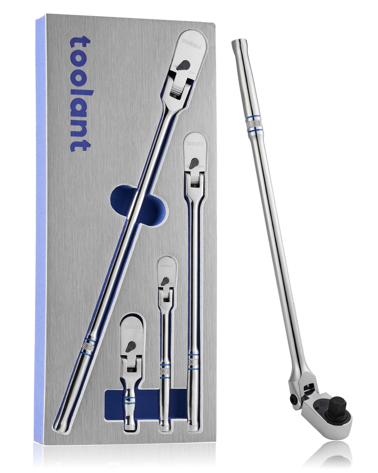 Toolant Juego de 4 trinquetes de cabeza flexible, llave de engranaje de accionamiento de 1/4 , 3/8 y 1/2 , llaves de trinquete de cabeza compacta, engranaje de 90 dientes, flexión de 180°, 11 posiciones, mango más largo, durabilidad ASME 1.5X