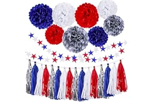 LANSIAN 30PCS 4th of July Patriotic Party Decorations, Hanging Tissue Paper Pom Poms Flowers, Red White Blue Tassels Garland Star Streamers, Memorial Day Backdrop Independence Day Party Supplies