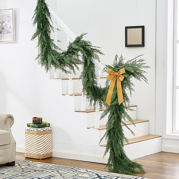 CHRISTMAS CEDAR GARLAND REALISTIC WITH LIGHTS – CYPRESS DECORATIONS 12FT FOR MANTLE LIGHTED FAUX PINE GARLANDS FOR XMAS HOME DECORATION INDOOR STAIRS RAILING FIREPLACE 12 FT OUTDOOR PRELIT DOOR DECOR