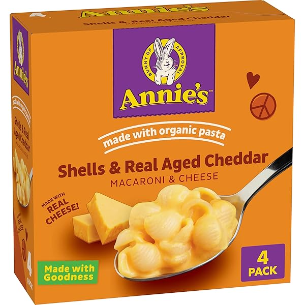 ANNIE’S SHELLS AND REAL AGED CHEDDAR, MADE WITH ORGANIC PASTA AND REAL CHEESE, 4 CT, 24 OZ