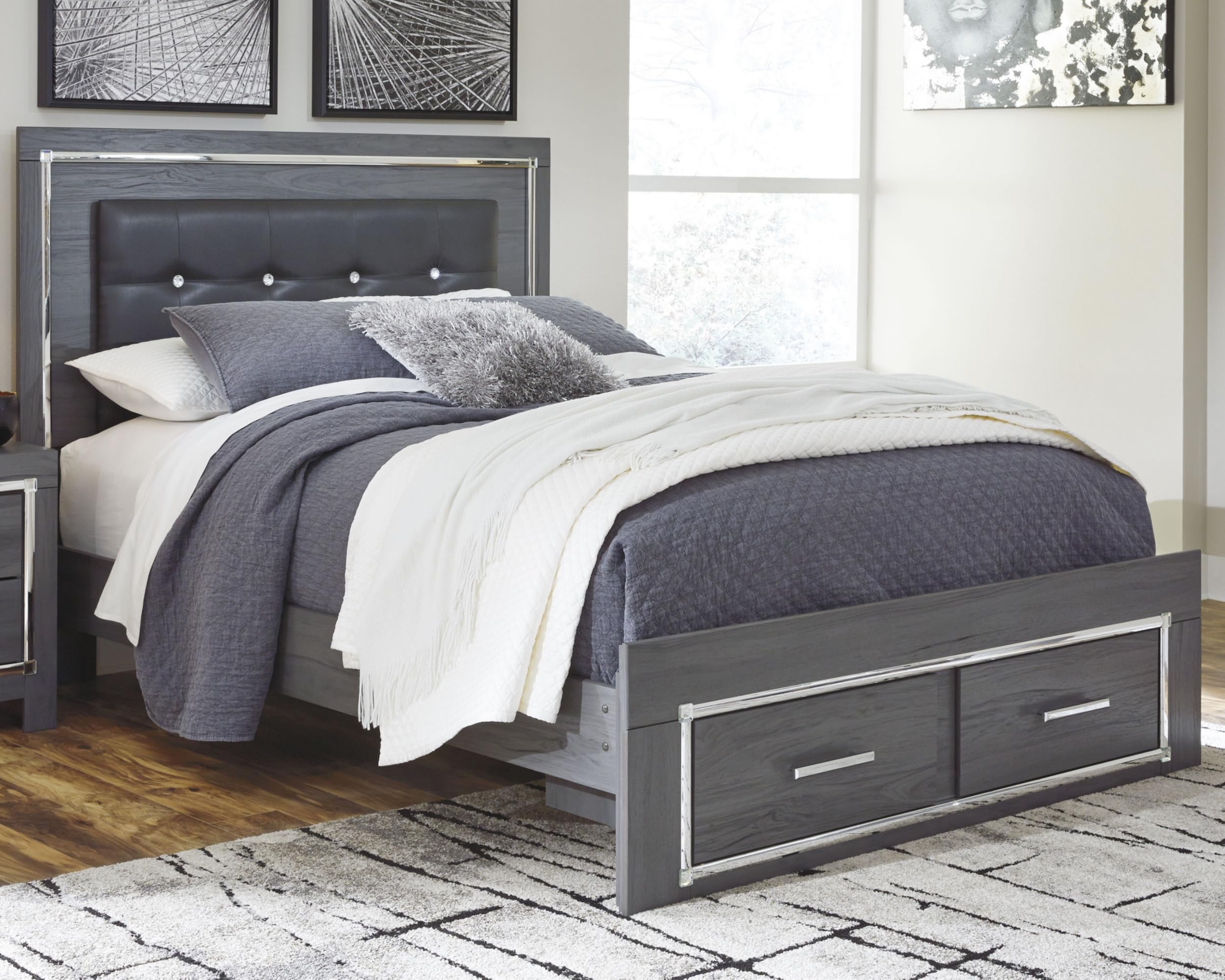 Photo 1 of ***SIDE RAILS ONLY NO HEADBOARD OR FOOT BOARD****Signature Design by Ashley Lodanna Contemporary Adjustable Tufted Queen Panel Bed with 2 Storage Drawers and LED Lights, Foundation or Box Spring Needed, Gray