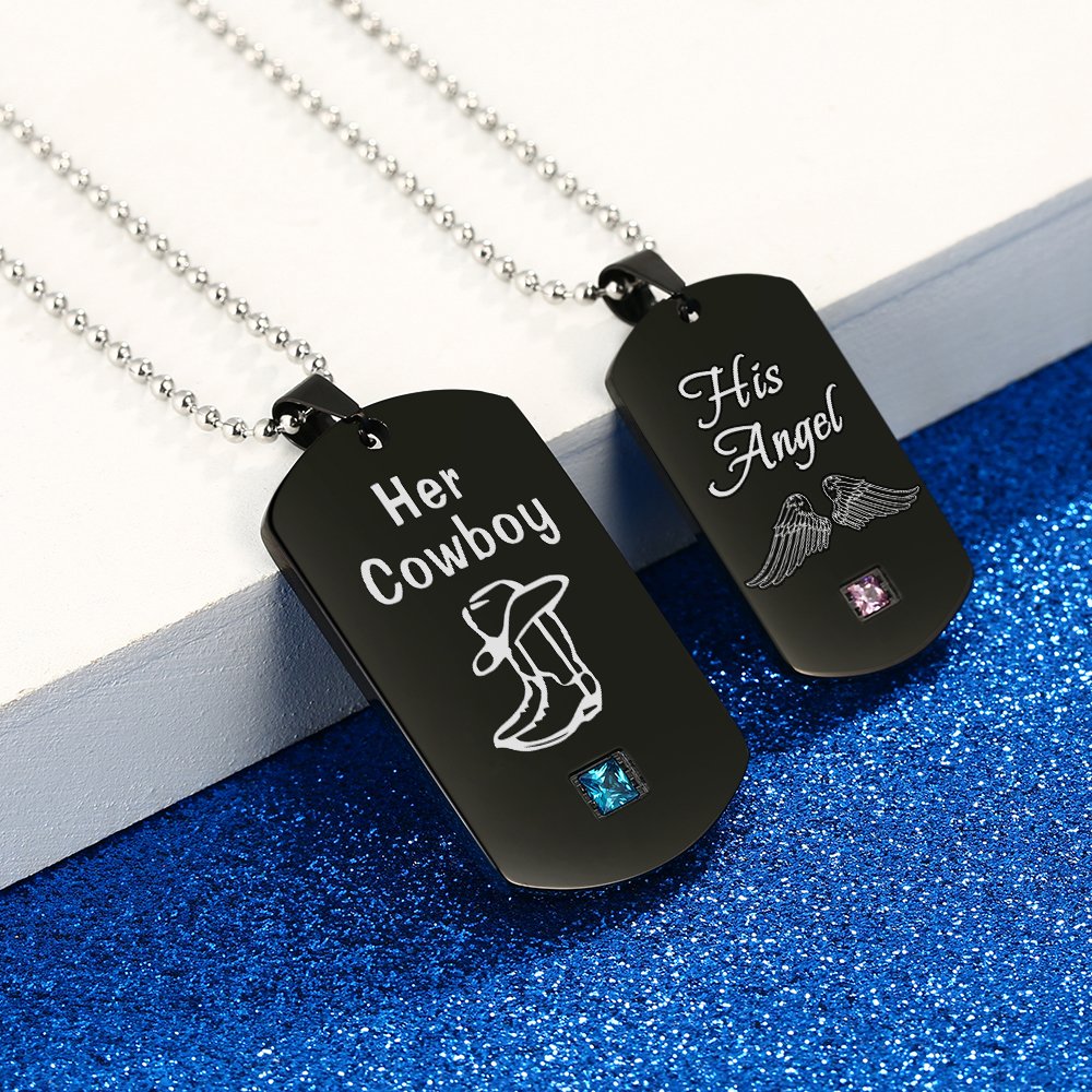 GAGAFEEL Couples Necklace His Angle Her Cowboy CZ Pendant Dog Tag Necklaces Anniversary Gift for Friends Women Men (His Angle Her Cowboy)