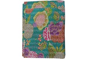 Sophia-Art Twin/King Indian Fruit Reversible Bedspread Pattern Gudri Pure Cotton Kantha Style Quilt Floral Fruit Print Decorative Kantha Stitch Quilt (Rama Green, King 90 * 108 Inches)