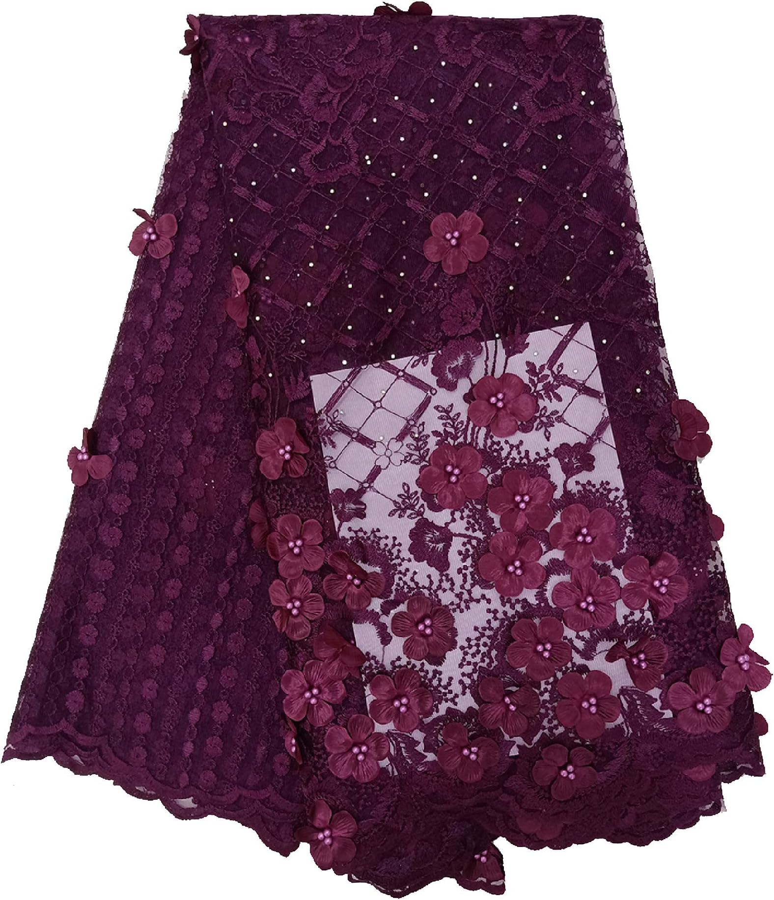 Milylace 3D Flower African Lace Fabric 5 Yards Nigerian French Tulle Lace Fabric with Beads and Stones for Wedding Dresses
