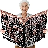 Uiorgui Large 90th Birthday Card for Women with Envelope, Black Rose Gold Happy 90th Birthday Guest Book Gifts Jumbo Ninety Greeting Card Back in 1936 Decorations Party Supplies