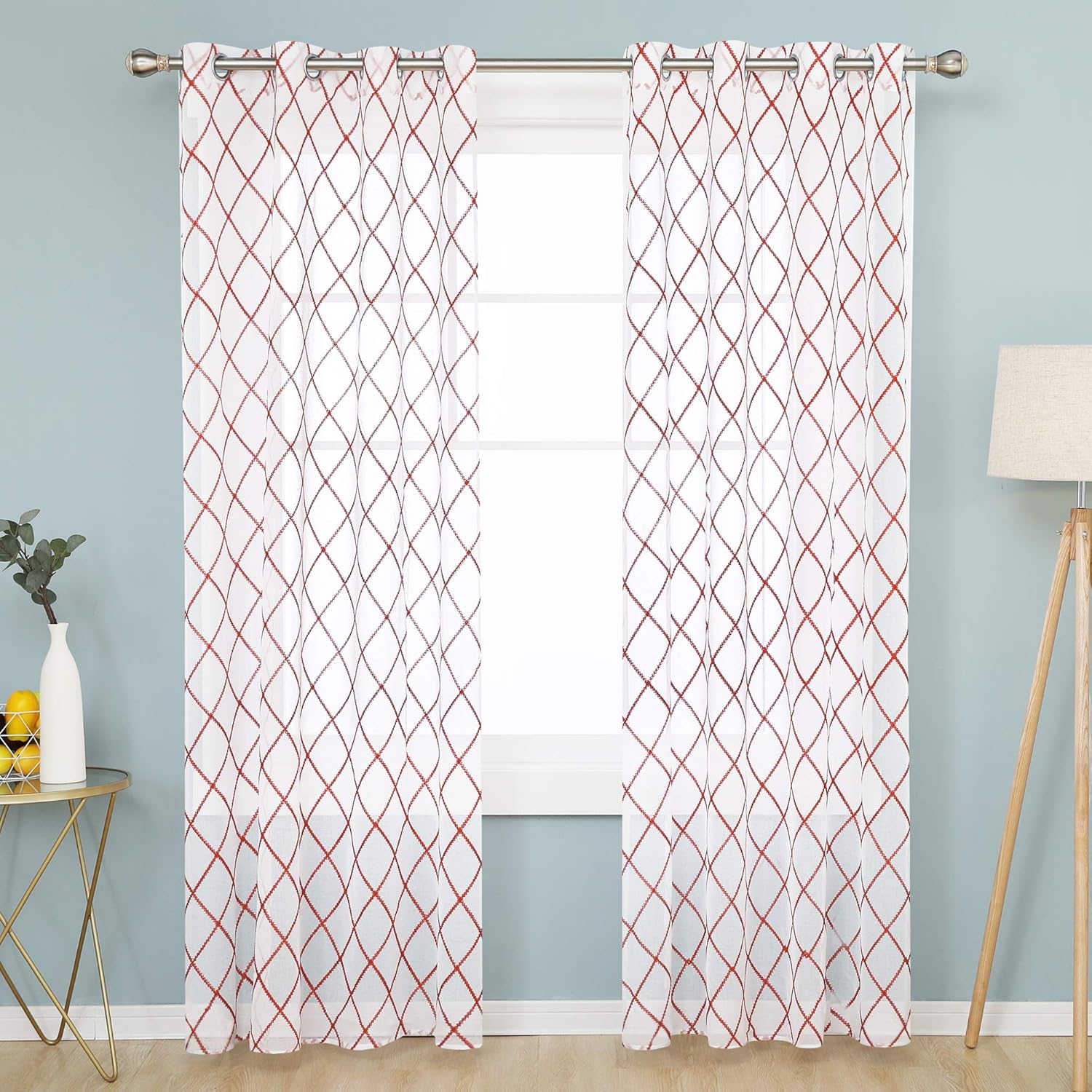 Deconovo Eyelet Faux Orange Net Curtains Embroidery Diamond Voile Curtains Super Soft Semi Sheer Curtains 55 x 54 Drop Inch Orange 1 Pair - Image 3