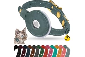 OOPSDOGGY Reflective Leather AirTag Cat Collar with Bell - Non Breakaway Adjustable Pet Collar with Apple Air Tag Holder - Lightweight GPS Kitten Collars for Small Dogs Puppy (Denim)
