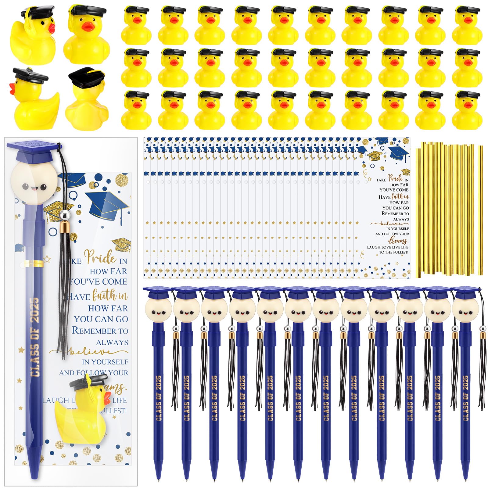Photo 1 of Sayglossy 75 Pcs Graduation Gifts Class of 2025 Bulk Includes 25 Graduation Cap Ballpoint Pen with Tassels 25 Resin Graduate Duck 25 Gift Cards Graduate Party Favors for Guests Students(Blue)