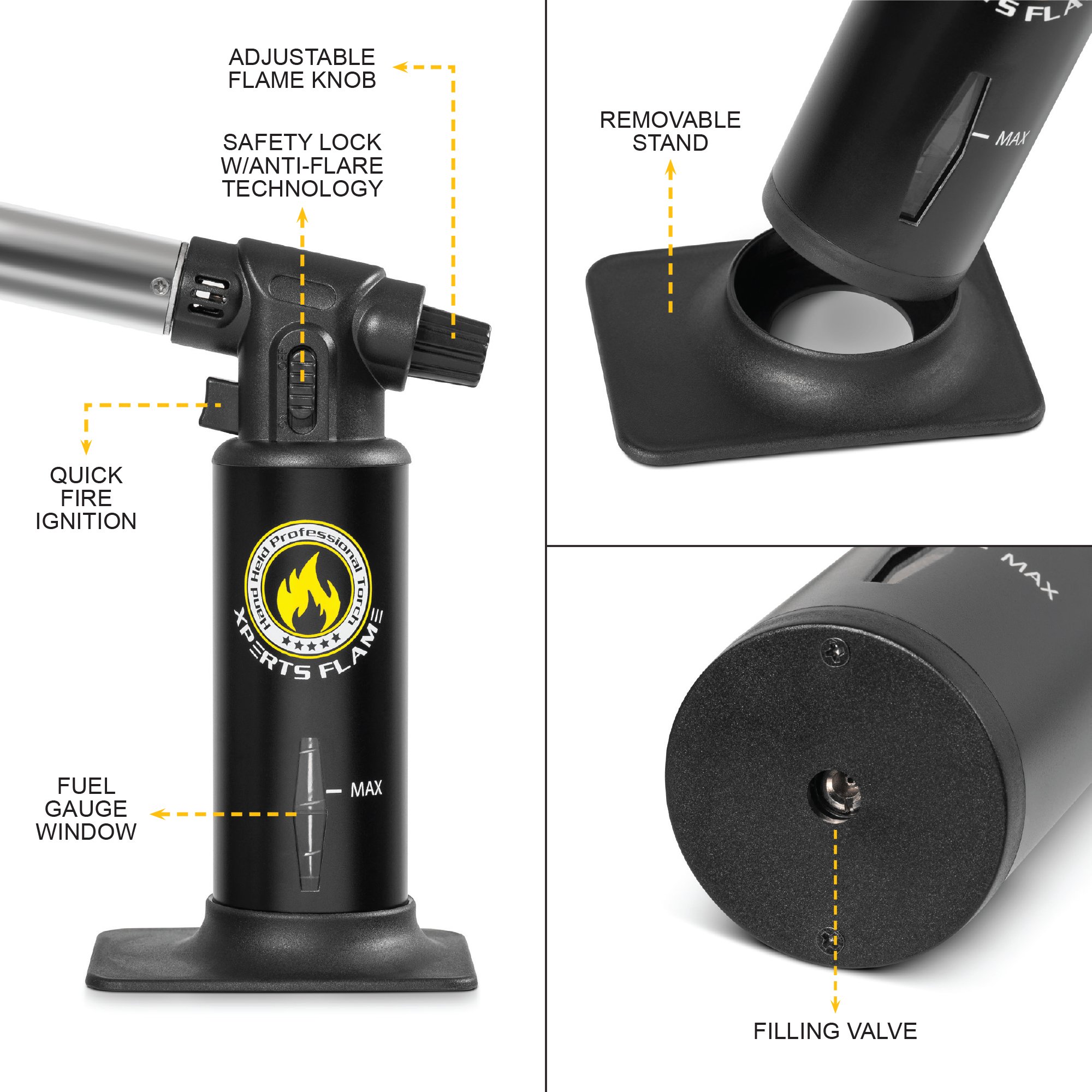 Kitchen {Culinary} Torch | Cooking Torch For Creme Brulee | Butane Blow Torch For Home & Pro Chefs | Safety Lock & Adjustable Flame | Free Bonus: Stand & 2 Recipe E-Books | By XPERTS FLAME. (BLACK)