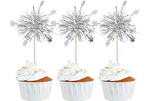 Rsstarxi 30 Pack Foil Firework Cupcake Toppers Sparkle Tinsel Drink Birthday Cake Decorations Cocktail Food Fruit Toothpick for New Years Eve Wedding Birthday Party Decorations Silver