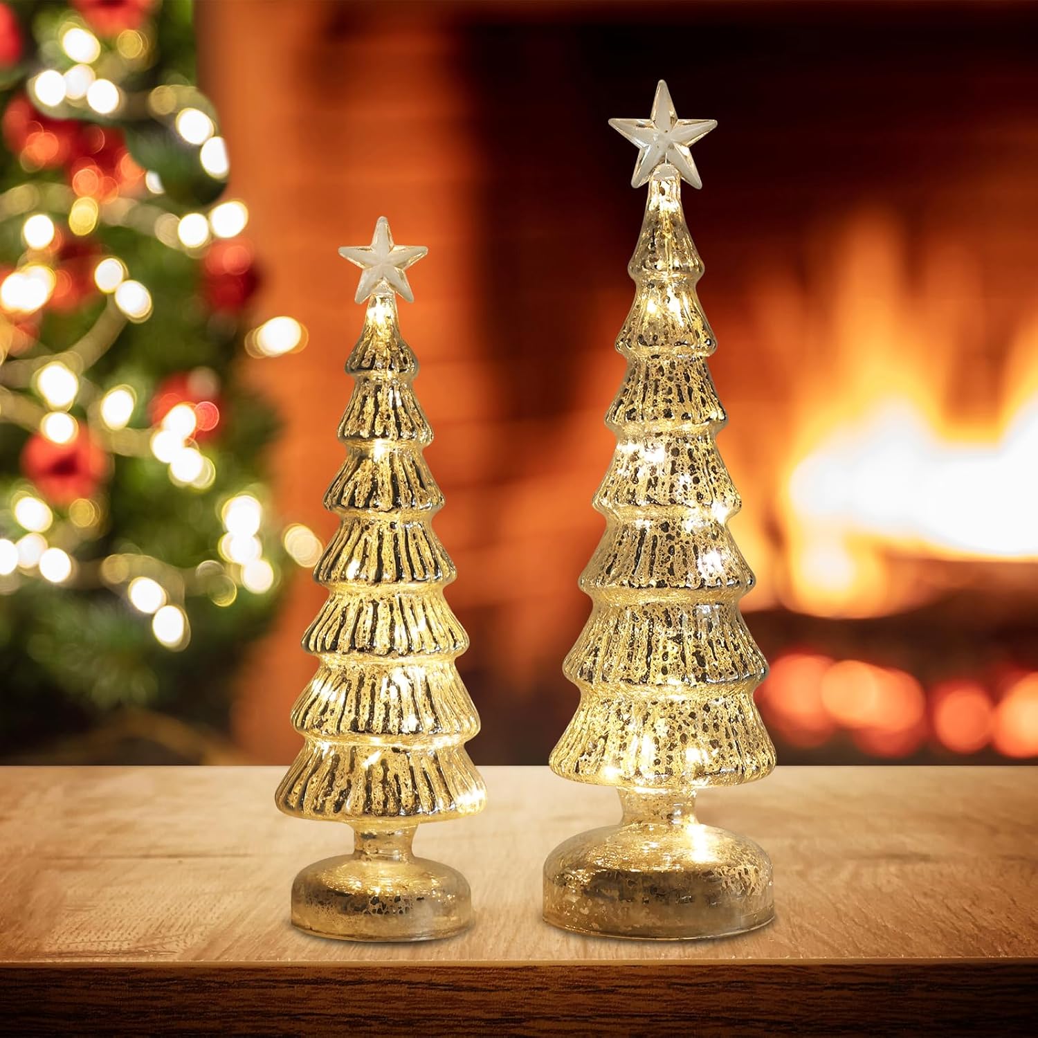 Trees - hogardeck Christmas Decorations Indoor,2 Pcs Glass Christmas Tree Decoration with Star, Pre-lit LED Glittered Figurine Ornaments Christmas Decor for Tabletop Mantel Home