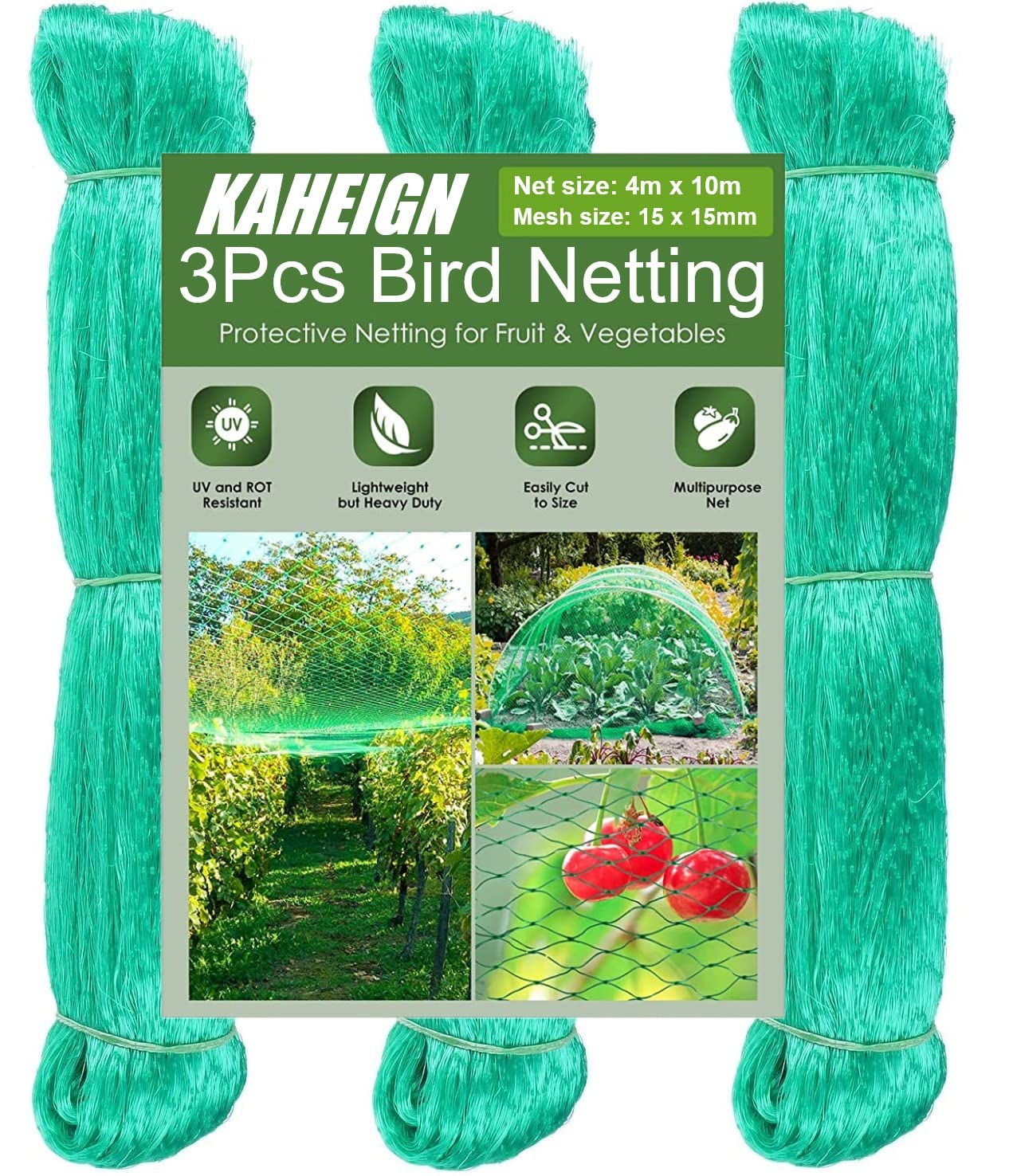 KAHEIGN 3Pcs Bird Netting, 4m x 10m Anti Bird Protection Net Garden Plant Mesh for Vineyard Vegetables Flowers Plants Fencing (Green)